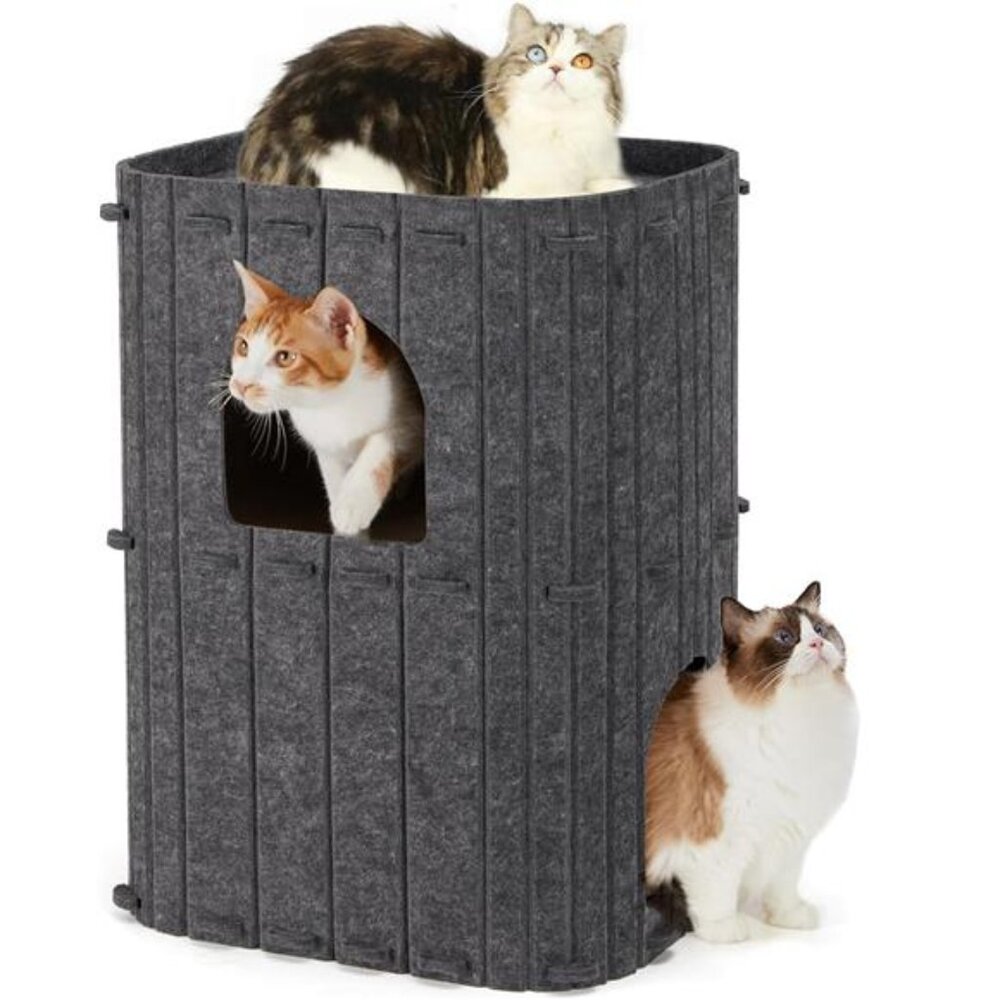 2 Story Cat House Indoor Cat Condo Felt Covered Large Multi Cat Bed Hideaway Gre